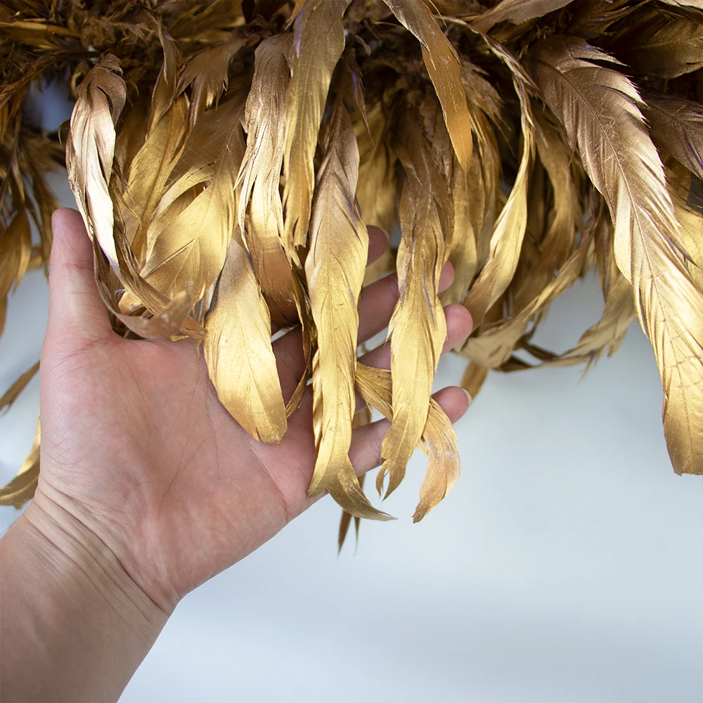 Golden Rooster Tail Feather Boa 2 Yards Gilded Chicken Fringe for Dress Sewing Crafts Costume Carnival Headpiece DIY Decor