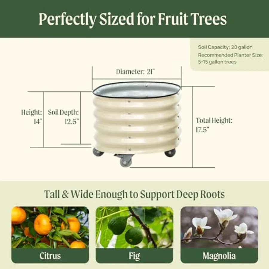 Rolling Metal Citrus Tree Planter Pot 21 Round Planter Box for Porch Patio Backyard 20 Gallon Large Planter Pot with Wheels for