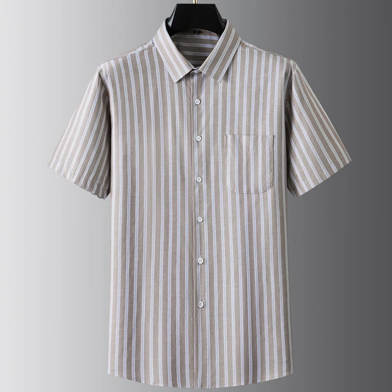 Size 54 52 50 2025 New Summer High End Luxury 100% Cotton Striped Shirts Men Short Sleeve Loose Shirt Man Social camisa hombre