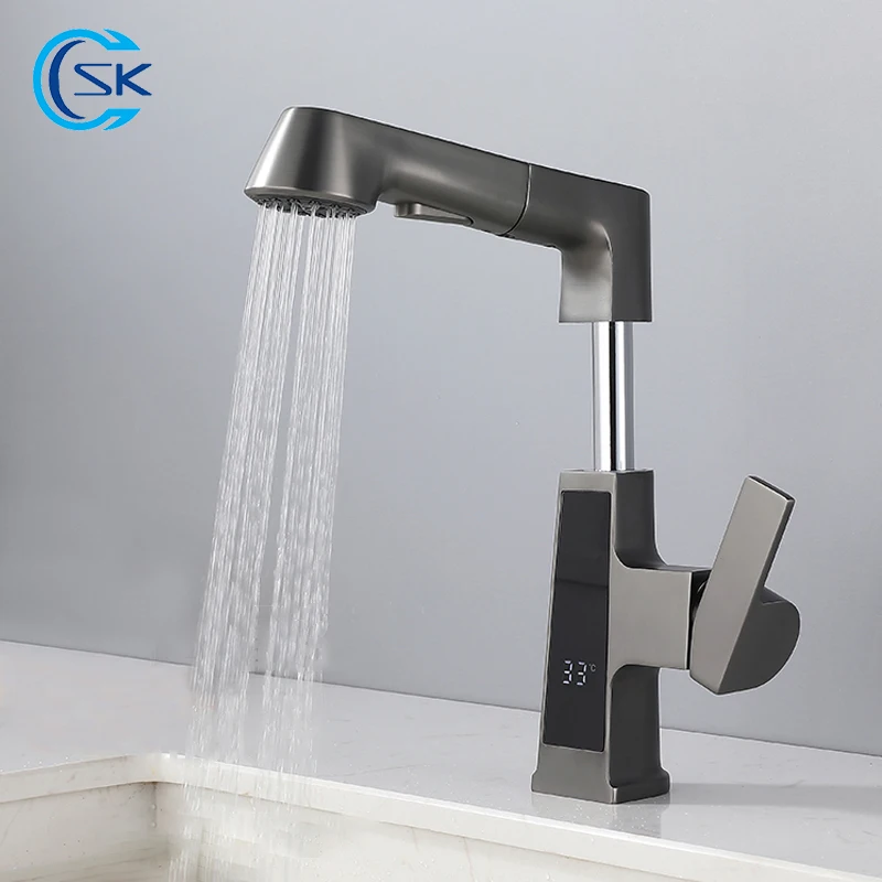 

Bathroom LED Digital Display Basin Faucet Gun Gray Pull Out Sink Faucets Liftable Cold Hot Water Mixer Tap With 2 Modes Sprayer