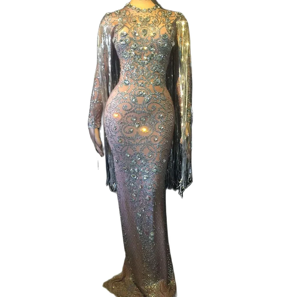 Diamants brillants strass femmes argent cristal longue gland robes au sol