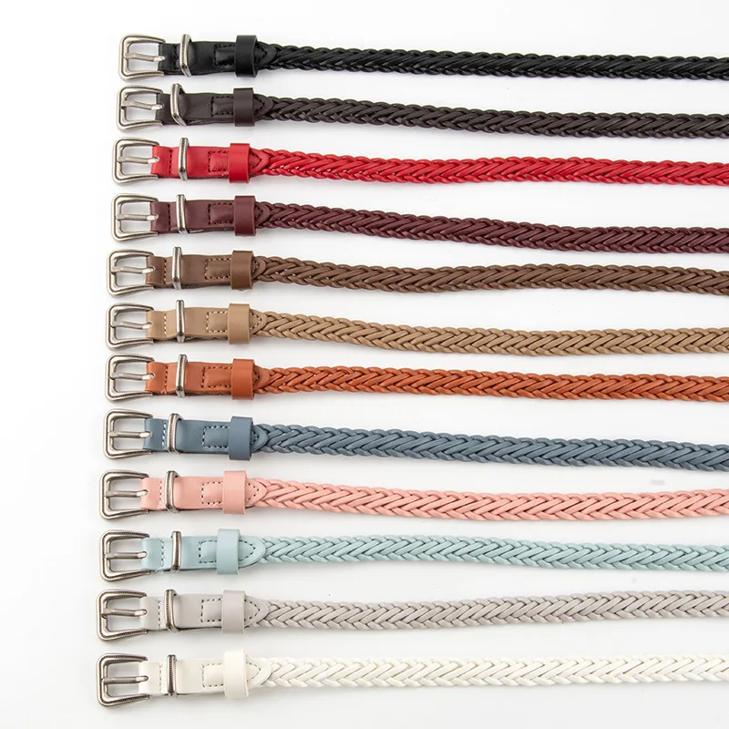 Western PU Leather Braided No Holes Women Belt Fashion Woven Sliver Pin Buckle Belt for Ladies