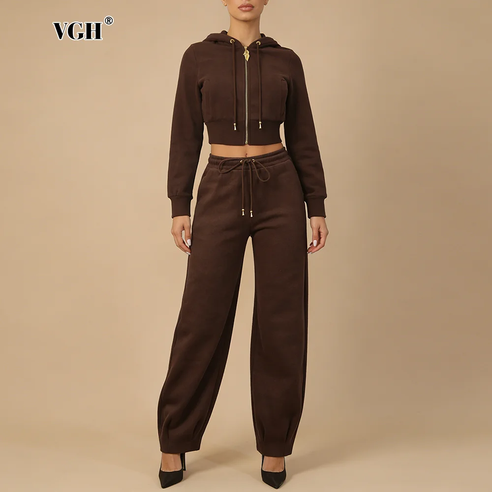 

Комплект VGH Coffee из двух предметов для женщин: укороченный топ с капюшоном и длинными рукавами на молнии, брюки с широкими штанинами, спортивный костюм для повседневных поездок на работу