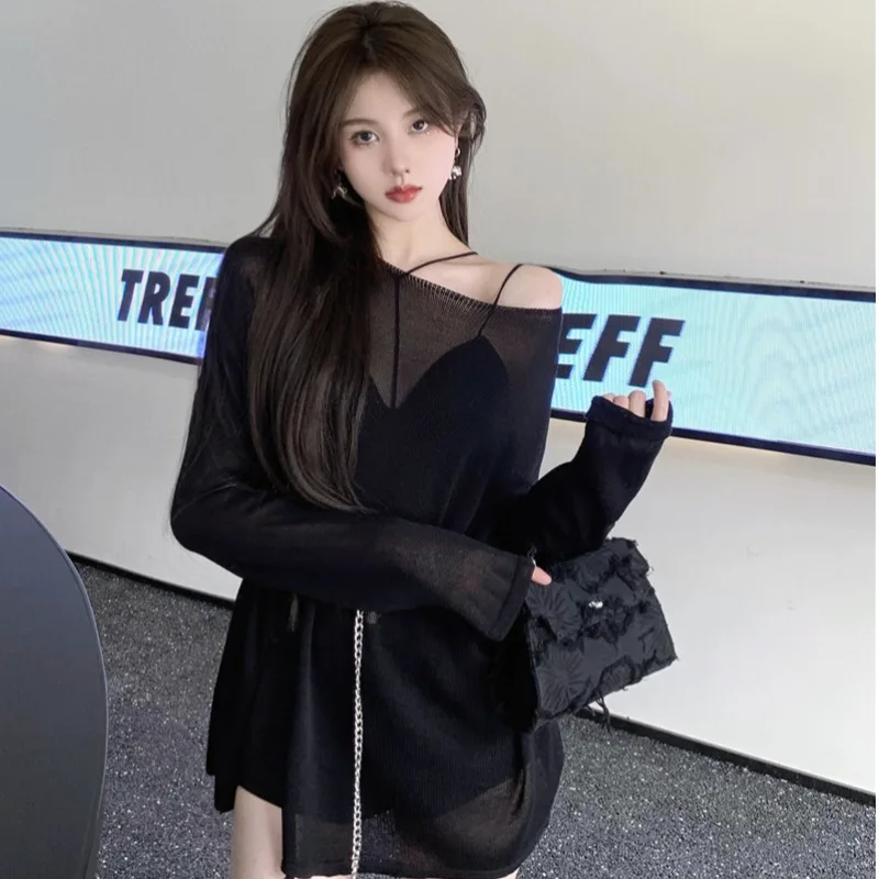 

Модная вязаная женская рубашка с открытыми плечами для защиты от солнца, свободная и стильная, универсальная летняя модель 2024 года, топ-накидка в стиле lazy cover-up