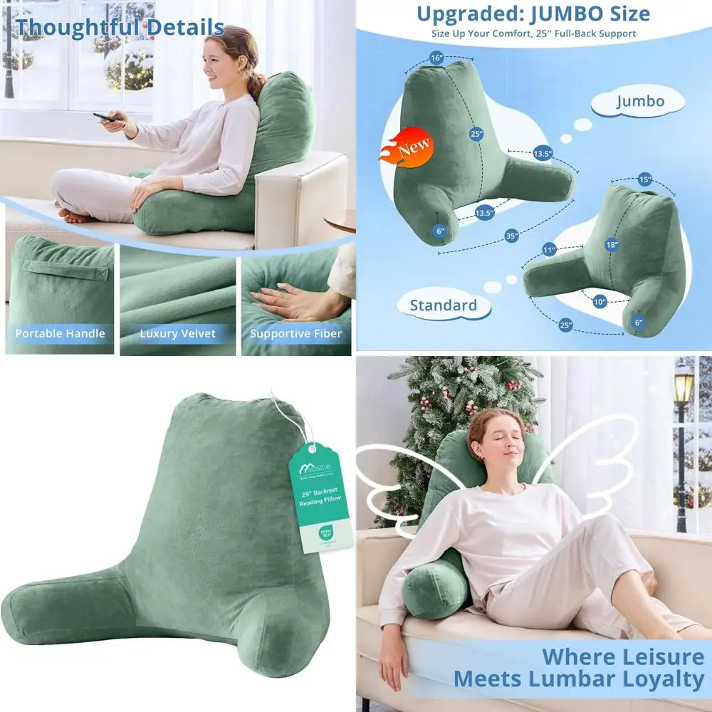 

25-inch High Backrest Velvet Reading Pillow for Bed Sitting, XL Support Cushion for Couch & Floor, Oeko-Tex Certified, Green