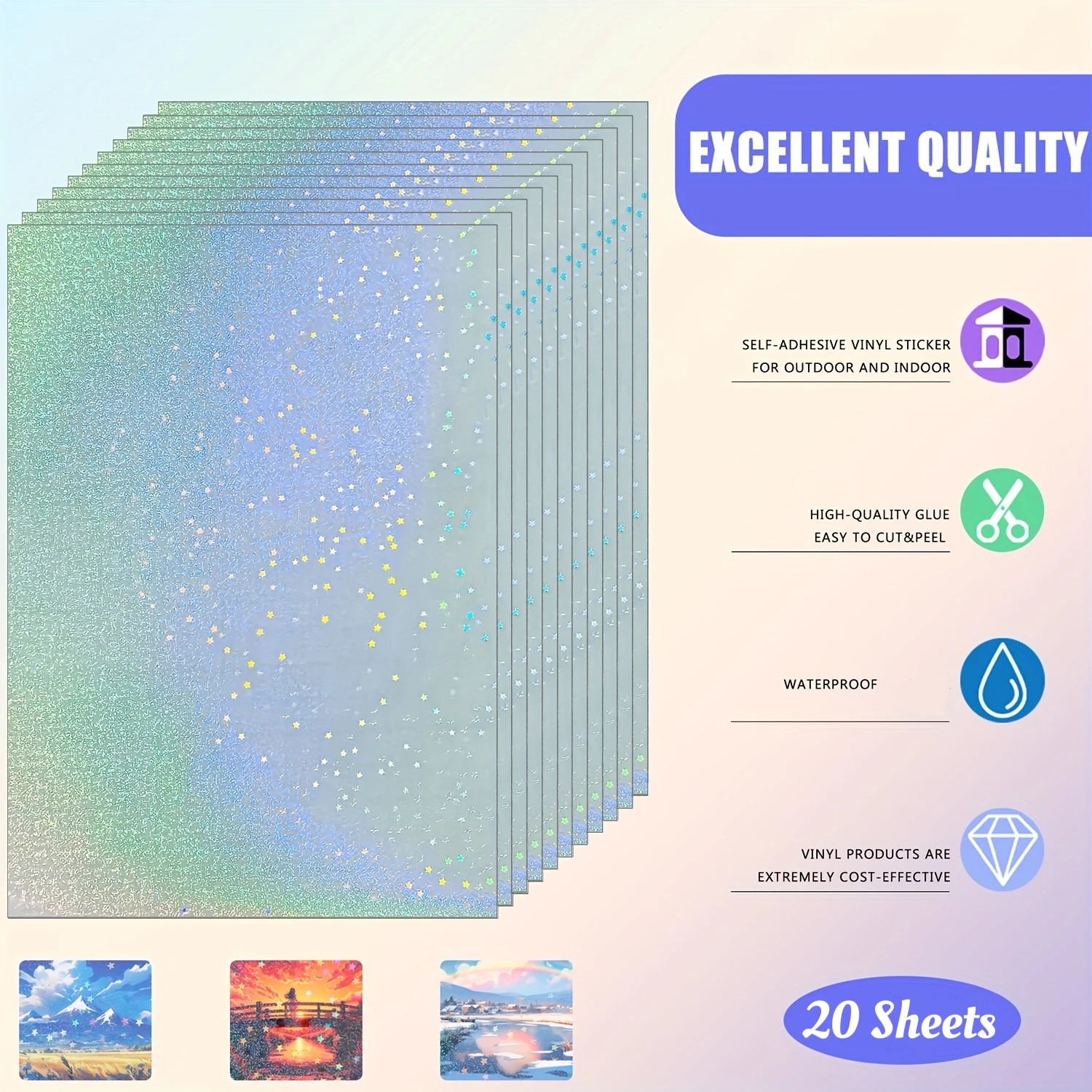 Kertas Stiker Holografik Glittering Sand A4 20/50 Lembar, Film Laminasi Dingin Transparan Holografik Berkilau, Perekat Sendiri