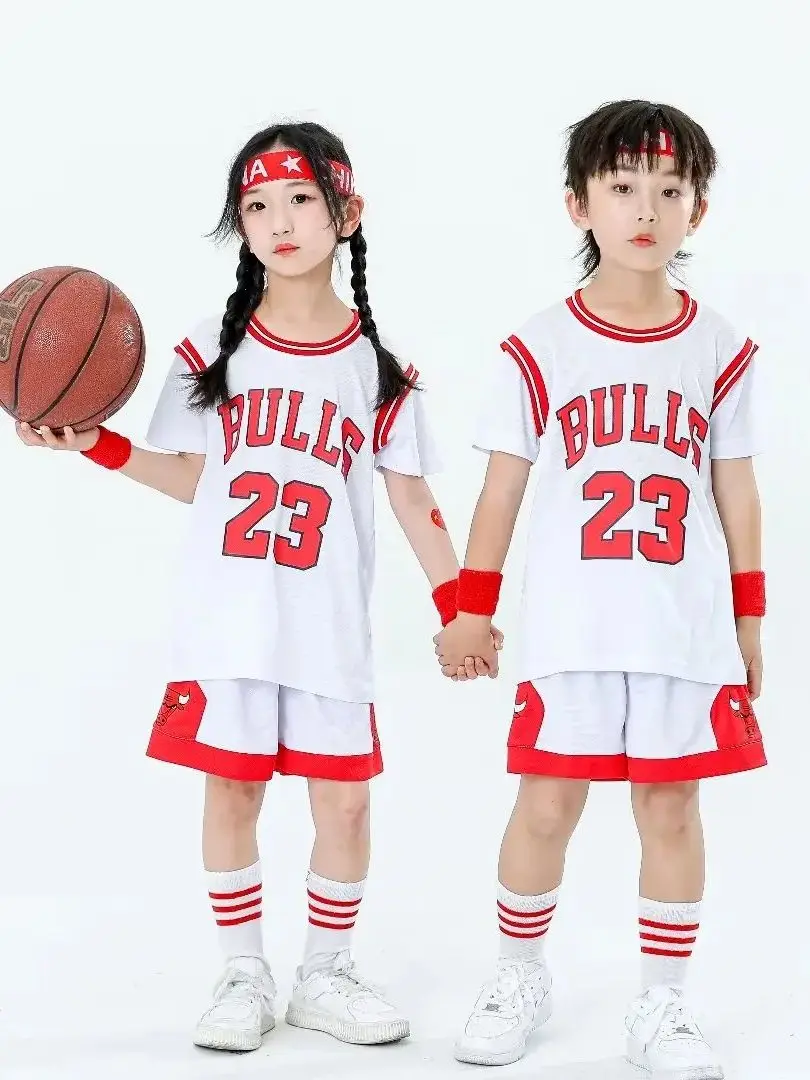 NEW 23/24 boys and girls Basketball Jerseys Fake two-piece children\'s uniform kit primary school training Bull short sleeve