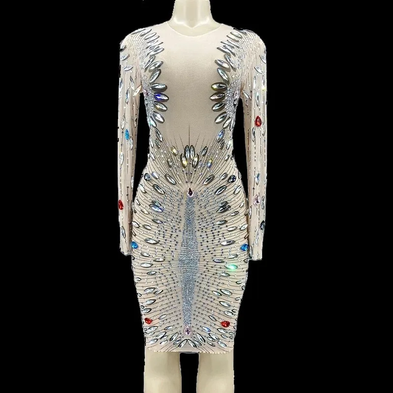 

New Rhinestone Dance Dress Sexy Sparkly Crystals See Through Short Dress Prom Party Birthday Evening Outfit Dress Celebrate Wear