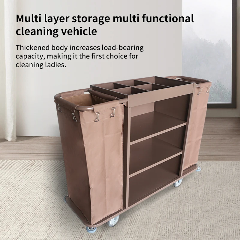 2025KJ-F005 Carrello per la pulizia della stanza dell'hotel Carrello per la pulizia della cameriera in metallo marrone realizzato in acciaio e ferro Carrello di servizio Carrello degli attrezzi