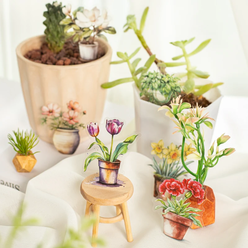 25pcs/pack Small potted plants Floral Stickers Kit Transparent PET Scrapbooking Materials DIY Junk Journal Aesthetics Sticker