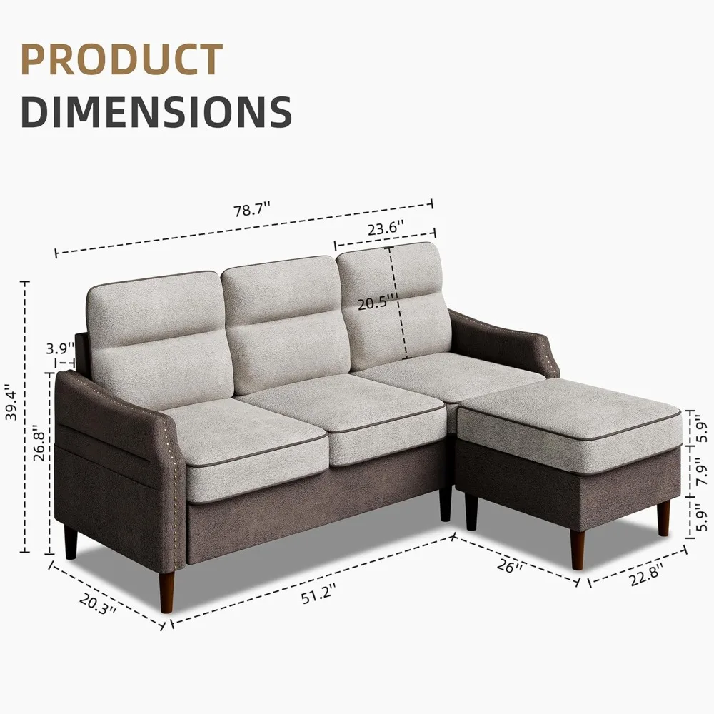 L Shaped Sofa Couch with Side Storage Bag, Convertible Sofa for Living Room with Reversible Chaise and Rivet Decor