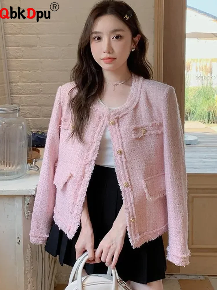 

Pink Elegant Design Tweed Jackets Tops Korean Fashion Single Breasted O-neck Abrigos Women Casual Vintage Long Sleeve Manteau
