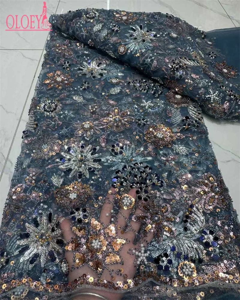 ผ้าลูกไม้ปักเลื่อมและลูกปัดสไตล์แอฟริกัน OLOEYLuxury คุณภาพสูง ปี 2025 ผ้าลูกไม้ฝรั่งเศส ผ้าลูกไม้ไนจีเรีย