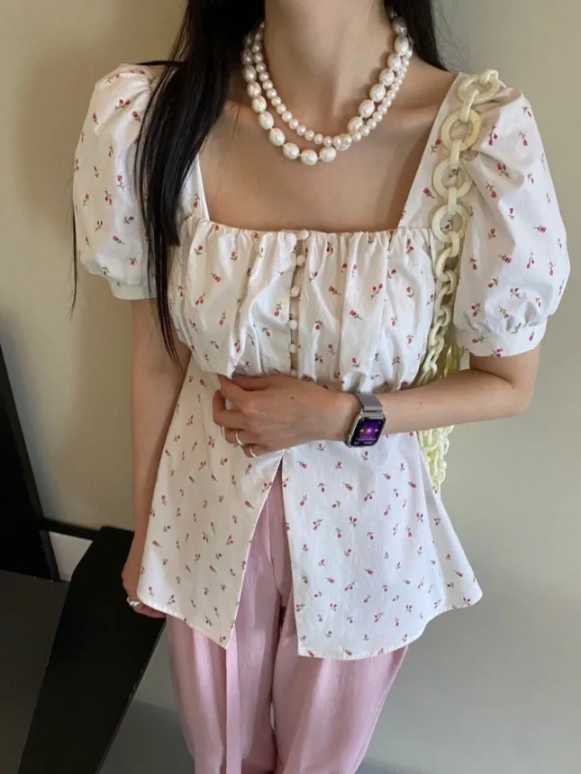 

Fashionable Summer Floral Print Women's Shirt Square Collar Bubble Sleeve Top Korean Style Slim Fit Short Sleeve Anti-Aging