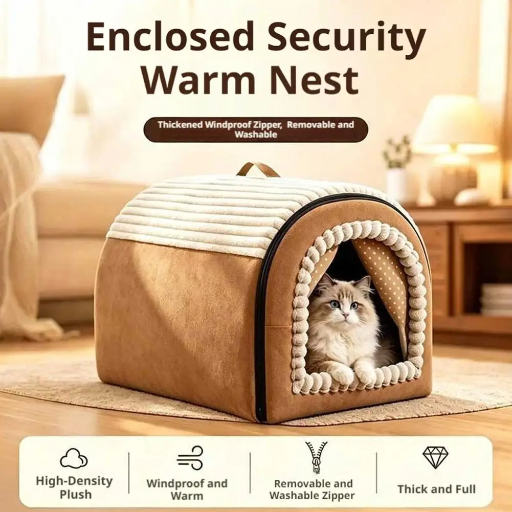 Winter Warm Enclosed Cat Bed Cave House with Curtain Portable Pet Tent Nest for Small Dogs Kittens Pet Hut with Handle