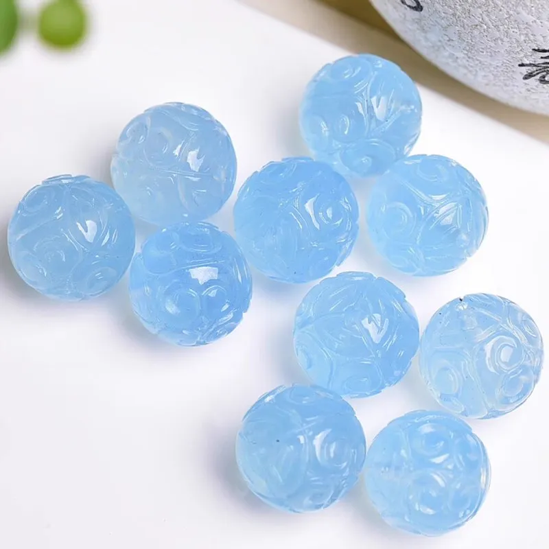 1pieces blue Aquamarine carved round 10MM 12MM 14mm full hole for DIY jewelry making  loose beads  FPPJ wholesale nature