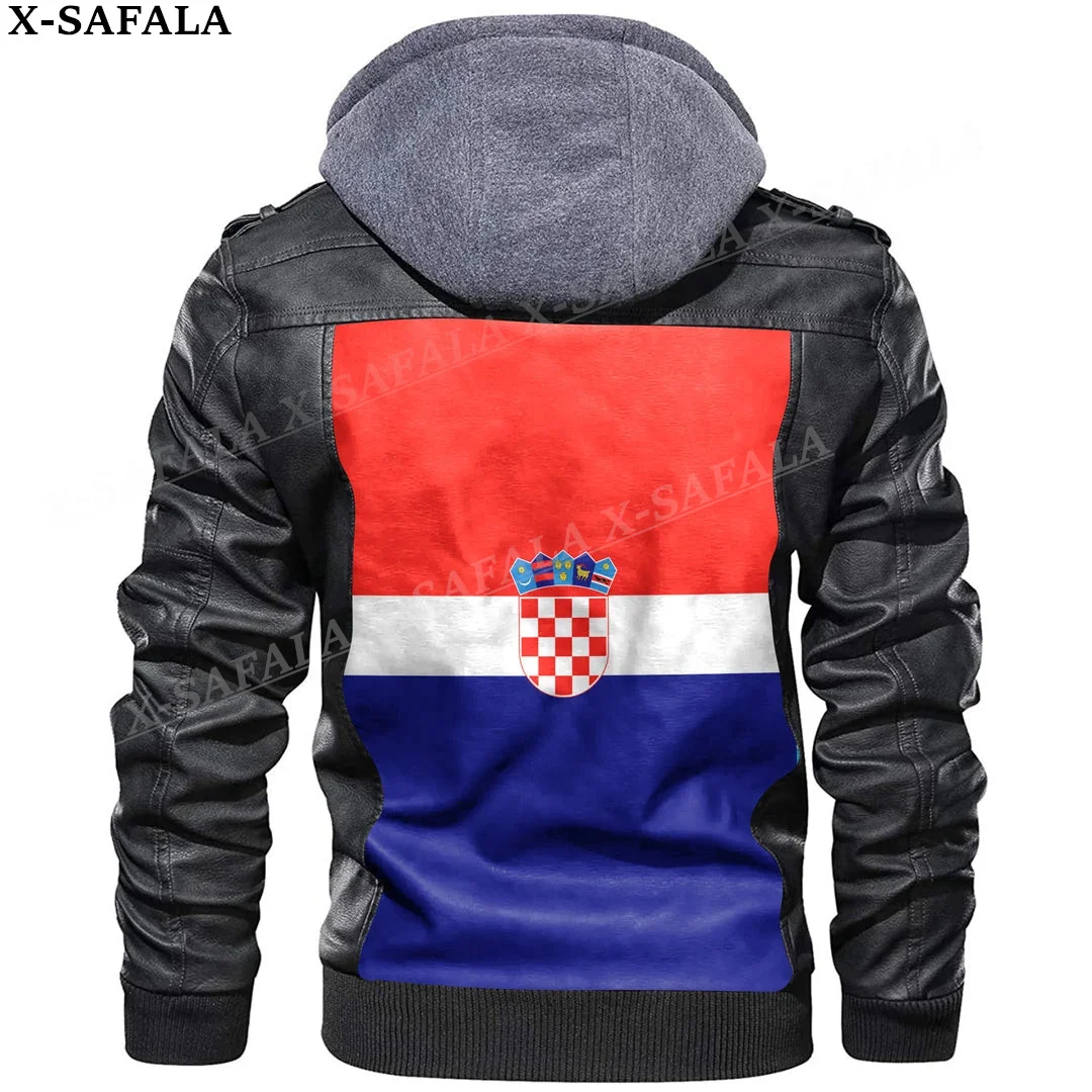 Croatia Country Flag Leather Jacket Men Winter Fleece Motorcycle Faux Leather Jacket Removable Fur Collar Windbreaker Coat