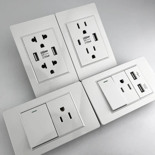 Imagen 2 del producto Toma de corriente doble USB tipo C de pared estándar americano, toma de Panel de PC con interruptor de luz estadounidense, enchufe mexicano doble de 15A con carga USB