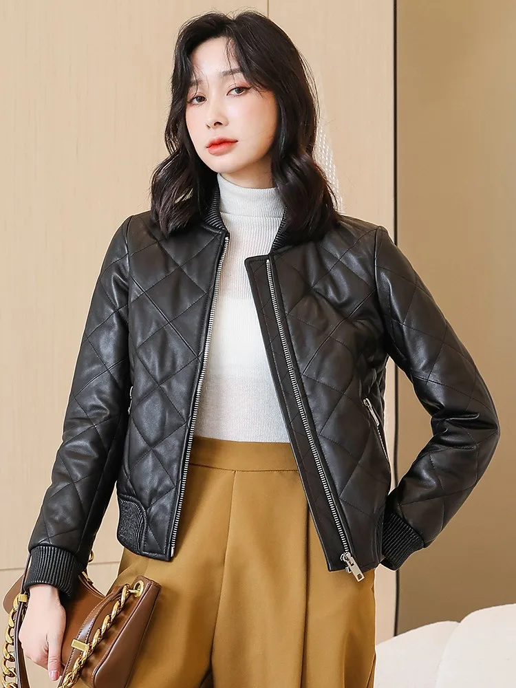 الخريف الشتاء المرأة سترة جلدية حقيقية سستة الوقوف طوق معطف جلد الغنم الحقيقي مكتب سيدة سليم صالح قصيرة سترات للعبة البيسبول #4