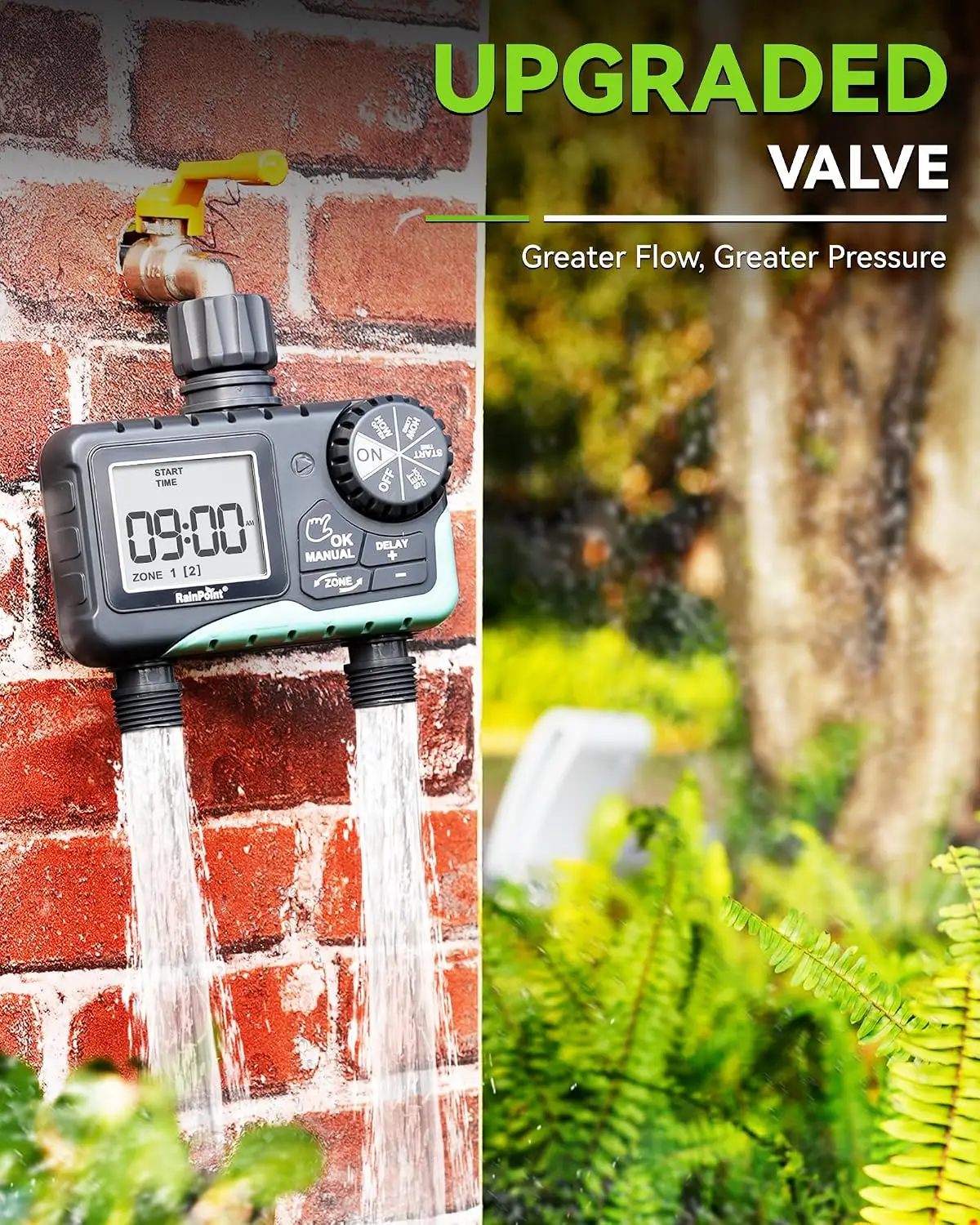 2-Zone Water Timer for Garden Hose - Auto/Manual/Rain Delay, IP65, Easy Setup