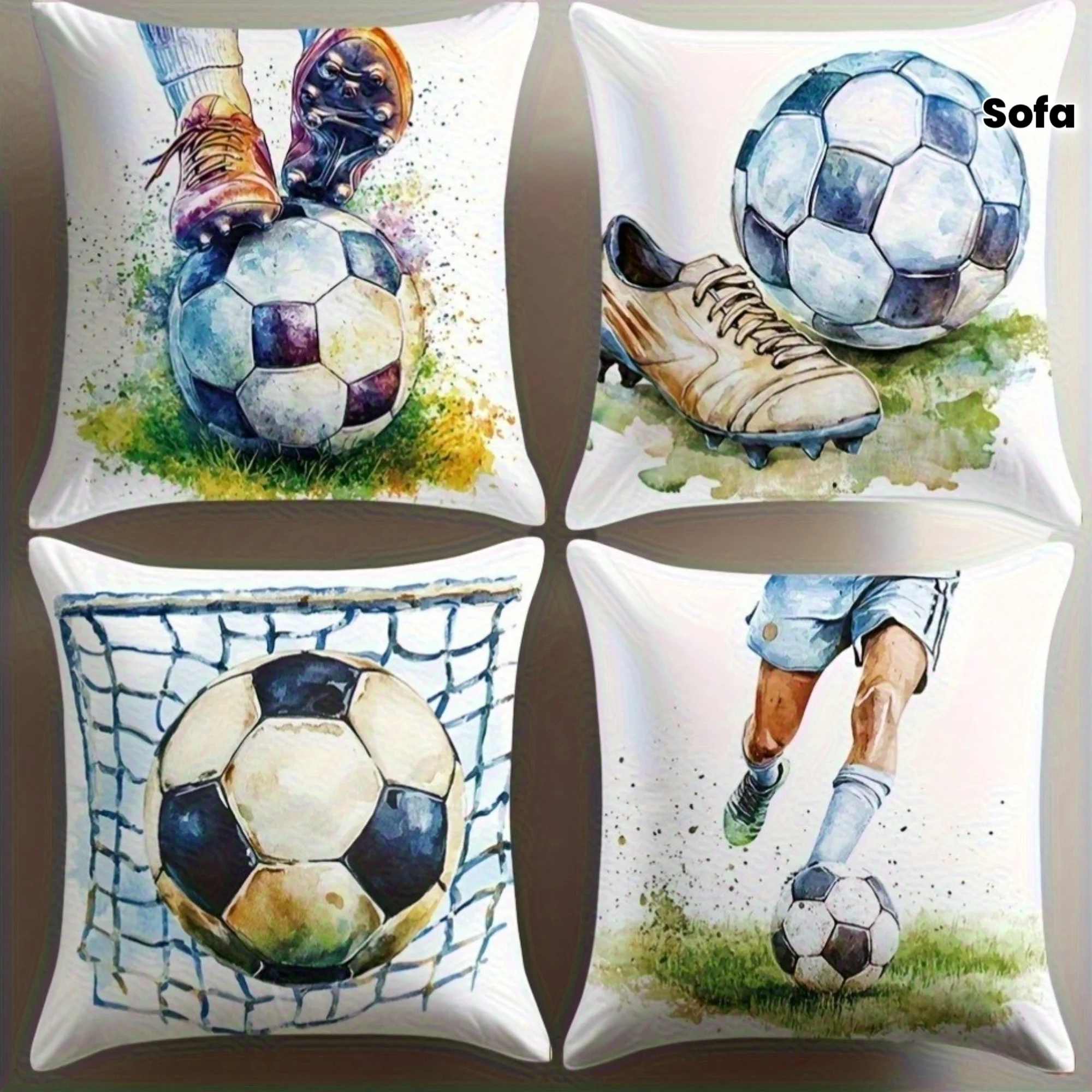 4Pcs Vintage Soccer Throw Pillow Covers Set Watercolor Football Player Cushion Cases for Living Room Sofa Bedroom Home Decor