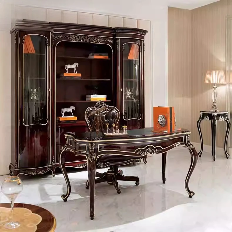 

Бордовый письменный стол из лакированного дерева с резьбой, цвета шампанского серебра, комплект для рабочего кабинета