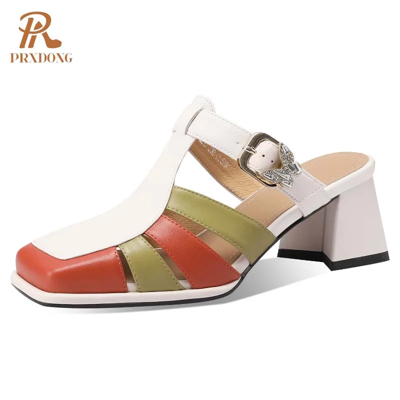 

PRXDONG Women's Shoes 2024 New Summer Qulaity Soft Leather Square Heels Open Toe Multi Color Dress Party Casual Female Sadnals