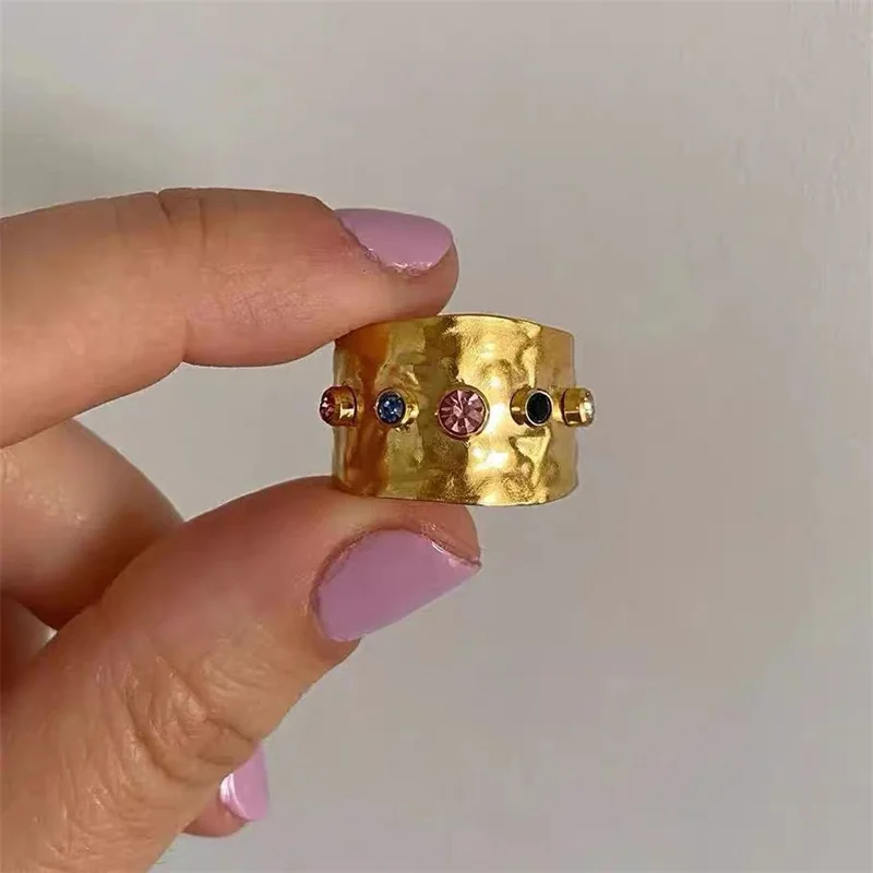 Colorful Cubic Zircon CZ Stone Crystal Wide Band Rings for Women Stainless Steel Waterproof 18K Gold Plated Statement Jewelry