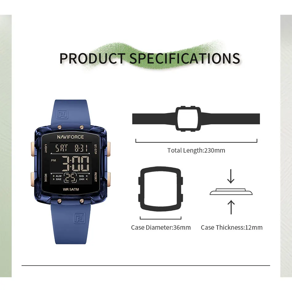 NAVIFORCE Fashion Digital Watches Women Sports Watch Waterproof 50M Square Electronics Digital Watches LCD Women's Wristwatch