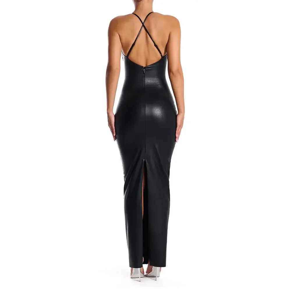 Women's Sexy V-Neck PU Leather Skinny Long Dress, Sleeveless, Cross Backless Bodycon, Pencil Dress, Elegant, Club, Party