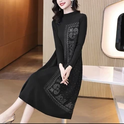 Autumn Winter Black Knitted Print Midi Dress Women Luxury Chic Long Sleeve Casual Dress Korean Vintage Sweater Party Dress