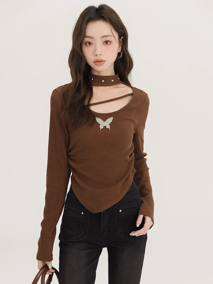 

Женский трикотажный топ Pure Desire с асимметричным кроем, ажурной вязкой, длинными рукавами, милый, для весеннего сезона, приталенный крой