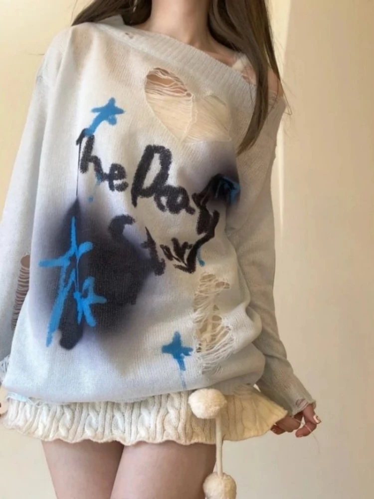 

Y2k Punk Gothic Pullovers Spring Autumn Thin Hole Letter Print Sweater Spicy Girl Lazy Style Harajuku Skew Collar Women Clothing