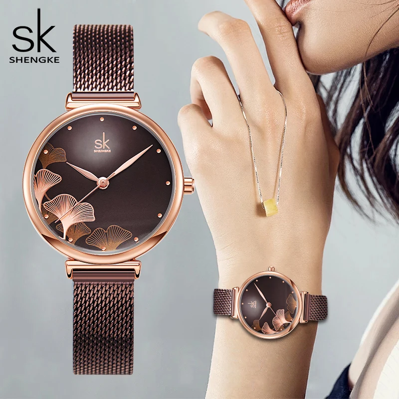 Shengke-Reloj de cuarzo japonés para Mujer, cronógrafo creativo con correa de malla marrón, diseño de moda