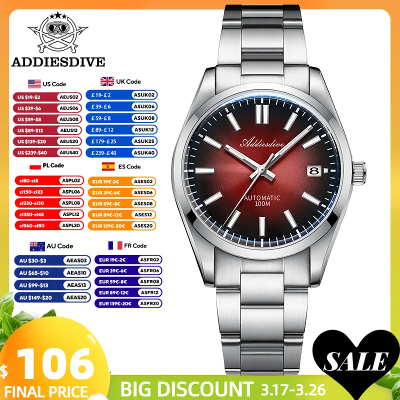 ADDIESDIVE Watch New AD2071 Top Brand Sappire Green Gradient Dial Luxury NH35 Automatic Watch Waterproof 100m Leisure Men Watch