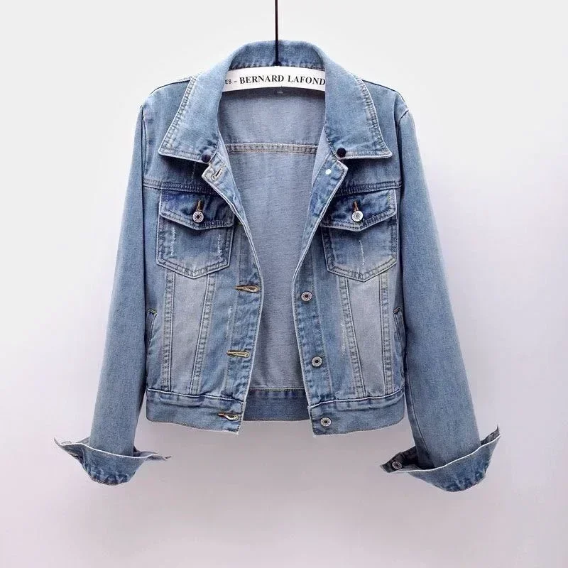 New Women Hooded Denim Coat Button-up Casual Short Jackets with Pockets Girls Solid Slim Fit Outerwear High Street Cardigans