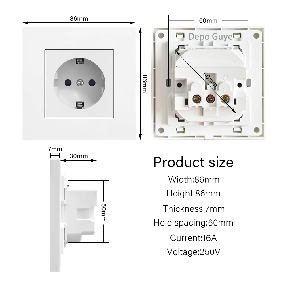 White EU standard electrical wall adapter charging German plug socket power Outlet, 16A,Black PC panel home bedroom socket - view 6