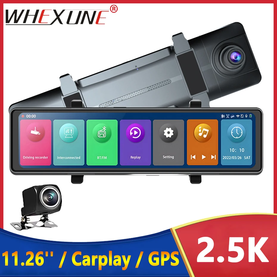 WHEXUNE 11.26 Inch Dual Lens Carplay & Android Auto 2.5K 1440P Wifi Dash Cam Rearview Mirror Car DVR GPS Tracker Video Recorder