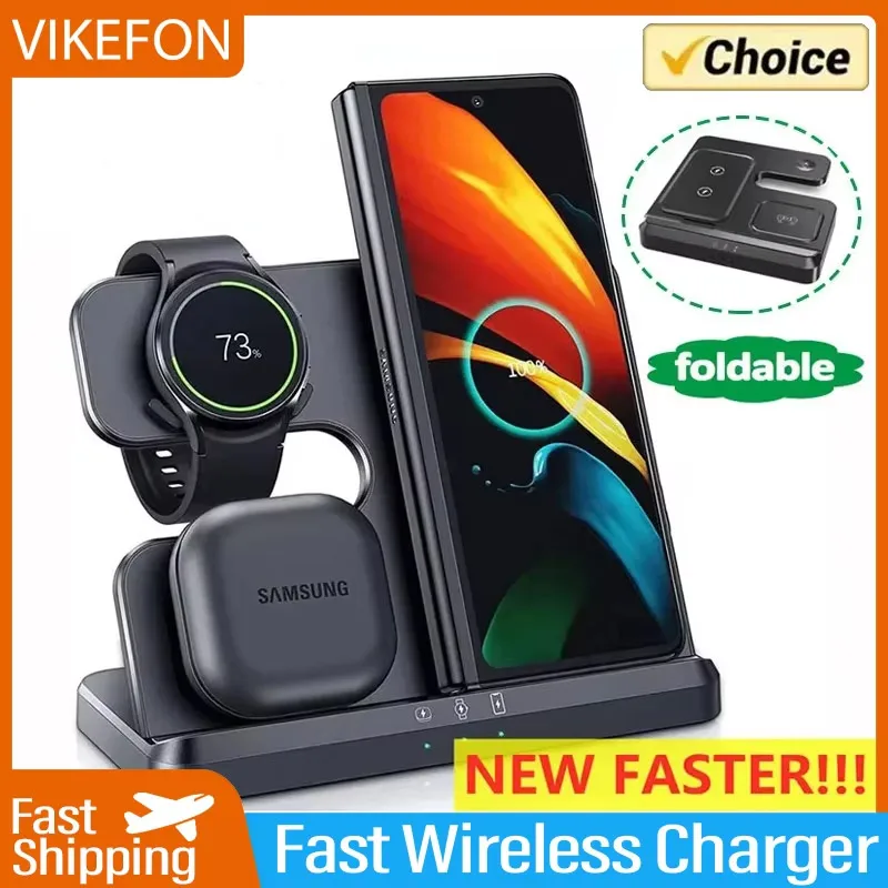 

Беспроводная зарядная станция VIKEFON 15W 3 в 1 для Samsung Fold S22 Ultra, Galaxy Watch 5, 4, 3, Active Buds, док-станция для быстрой зарядки