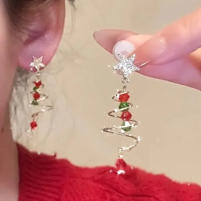 New Trendy Delicate Colorful Christmas Tree Earrings for Women Sweet Star Rotate Tree Drop Earrings Aesthetic Jewelry Gifts