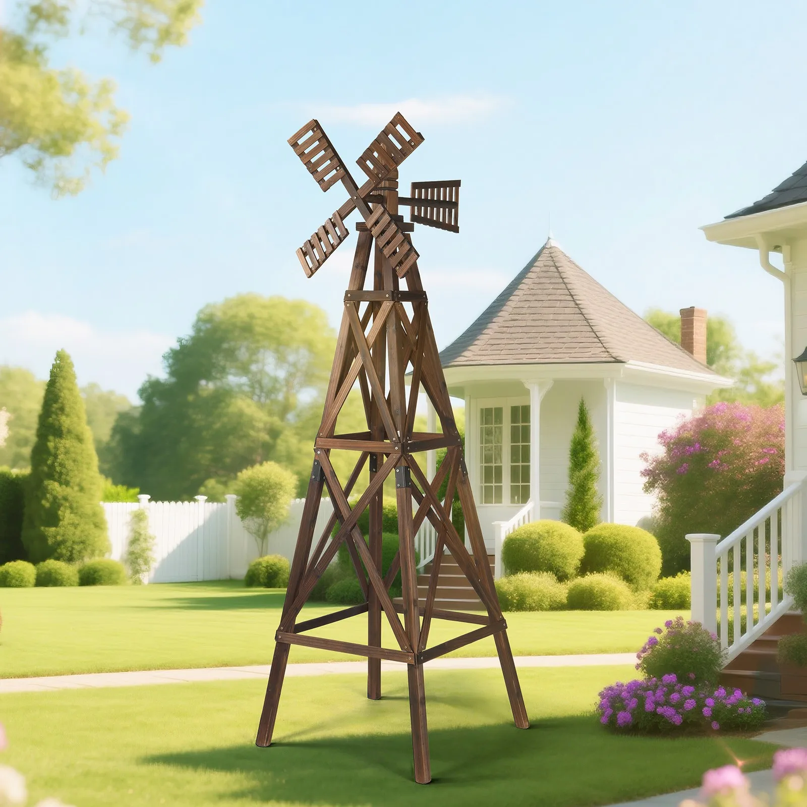 

7FT Wood Windmill 2 Layers Backyard Garden Decoration Carbonized Weathervane