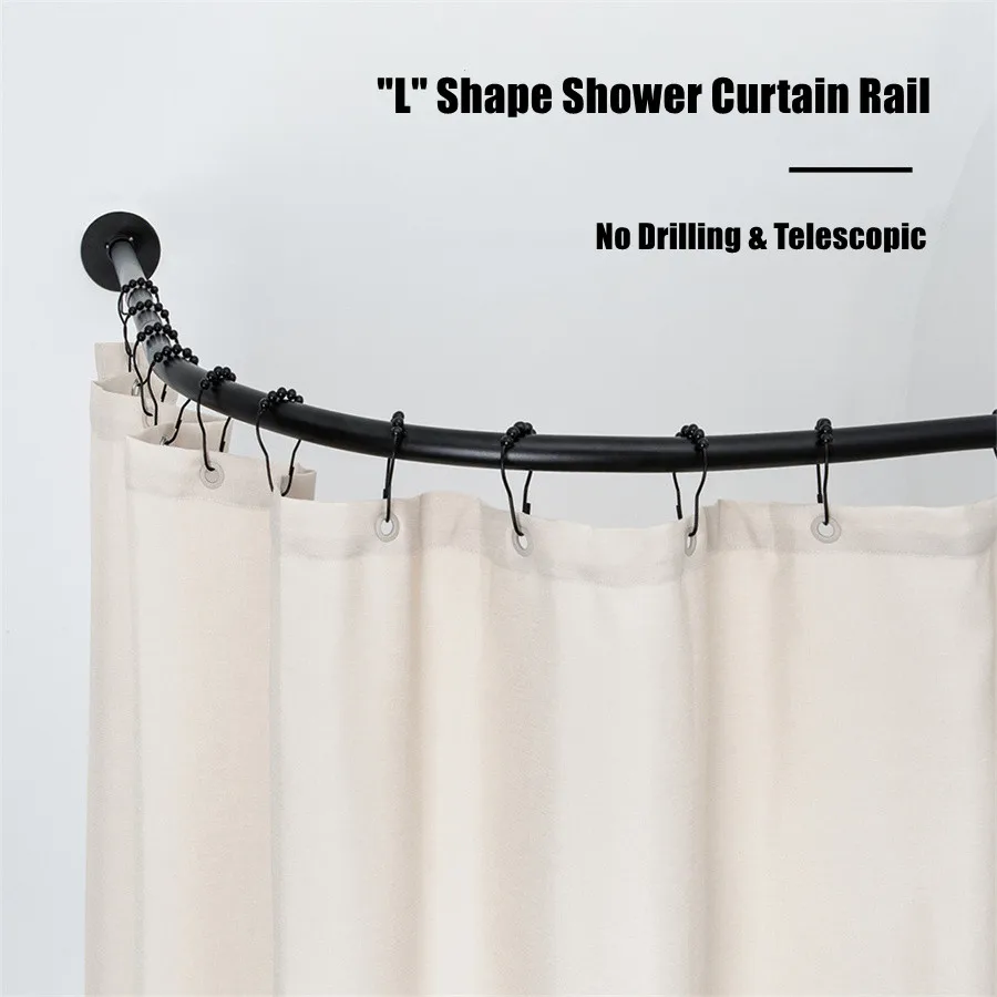 

Shower Curtain Rail L Shape, No Drilling Shower Rail Corner Bathtub Stainless Steel Telescopic Rod with Shower Curtain Rings