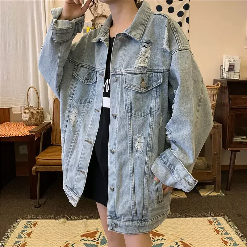 New Korean Style Denim Jackets Women Solid Color Ripped Outerwear Office Lady Oversized Female Vintage Large Size 4XL Loose Coat