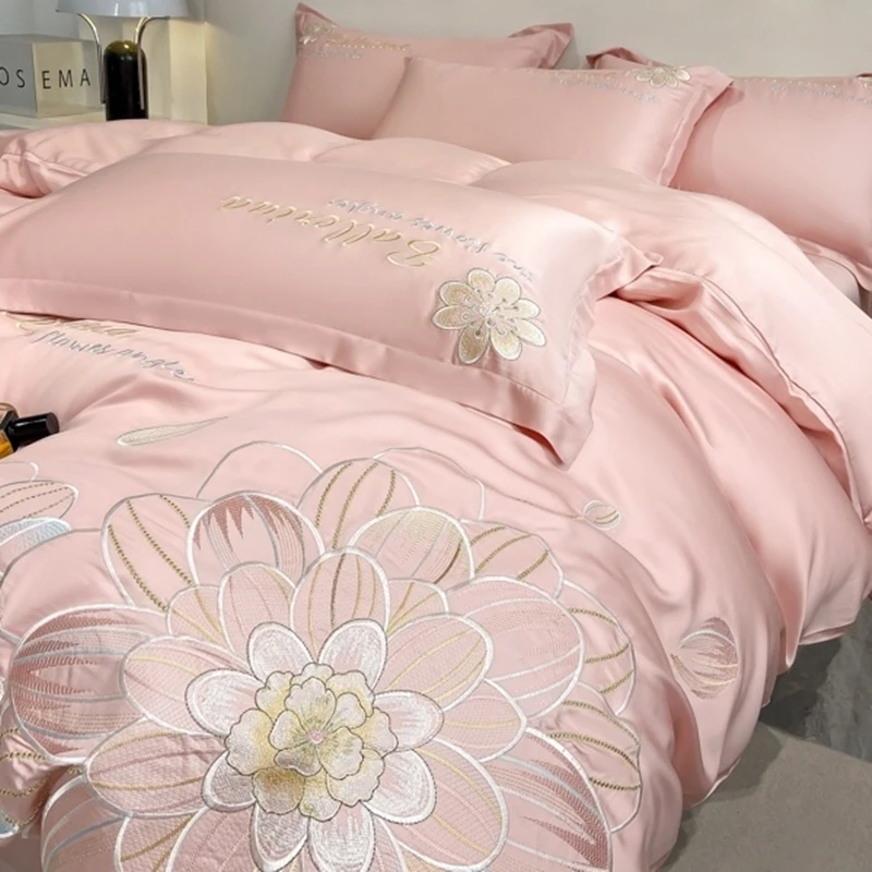 

Summer Light Luxury Ice Silk 4-piece Machine Washable Silky Smooth Breathable Household Bedding Kit Embroidery Jacquard Sheet