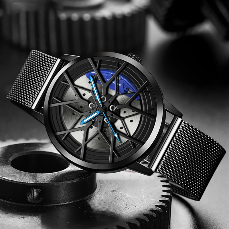 BORUSE Fashion Mens Car Wheel Watches Luxury Stainless Steel Mesh Watch Men Quartz Wristwatch Male Clock montre homme