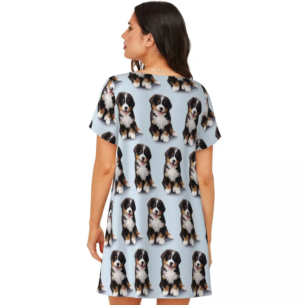 Van Gogh Style Painting Of Bernese Mountain Dog Short Sleeves Nightdress For Sleeping Women Short Sleeve Nightgowns Pajama Dress - view 3