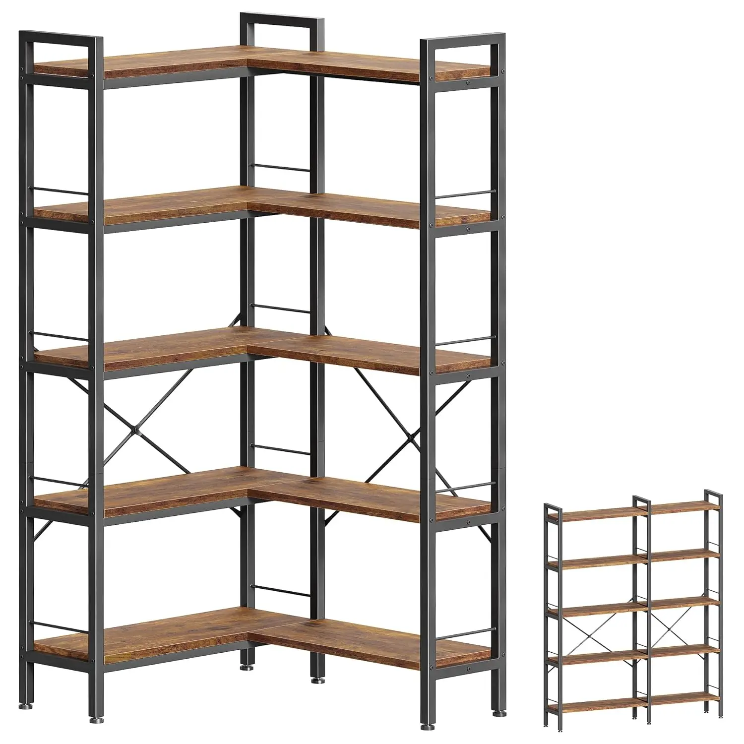 

5 Tier Bookshelf, L Shaped Corner Bookshelf with 10 Open Shelves, 49.4 Inch Straight Wide Bookcase with Metal Frame, Customized