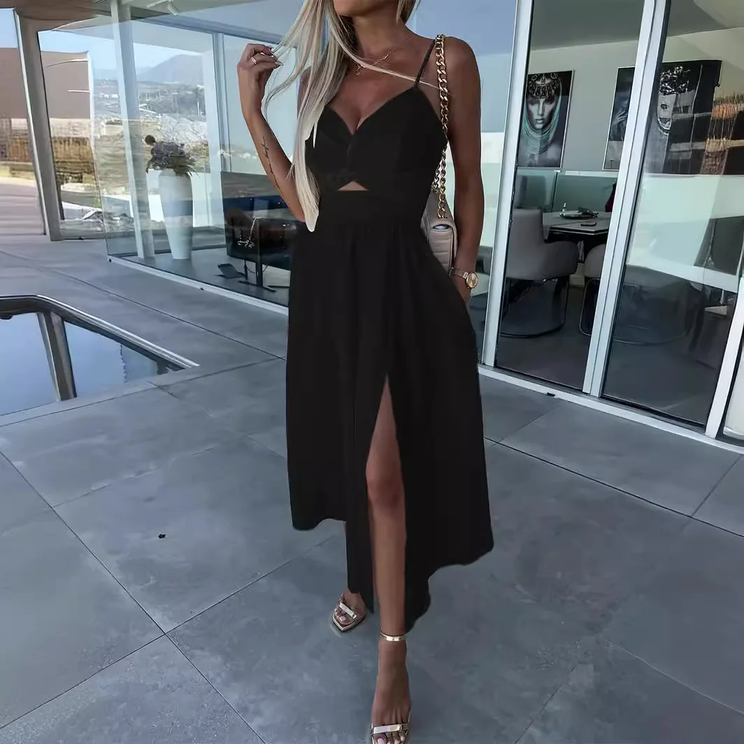 Solid Summer Dresses for Women Sexy Sleeveless Camisole Slit Long Dress Slim Body and Bare Back Casual Party Dress Women Vestido