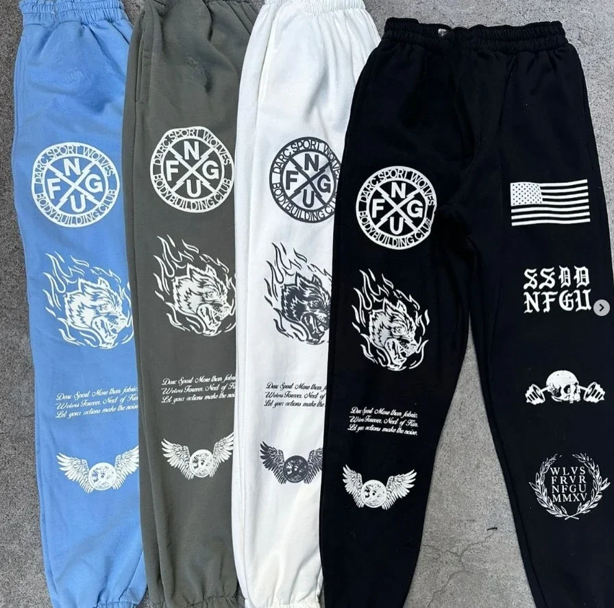 

mens sweatpants streetwear flame wolf skull casual loose gym joggers 2025 summer cotton breathable