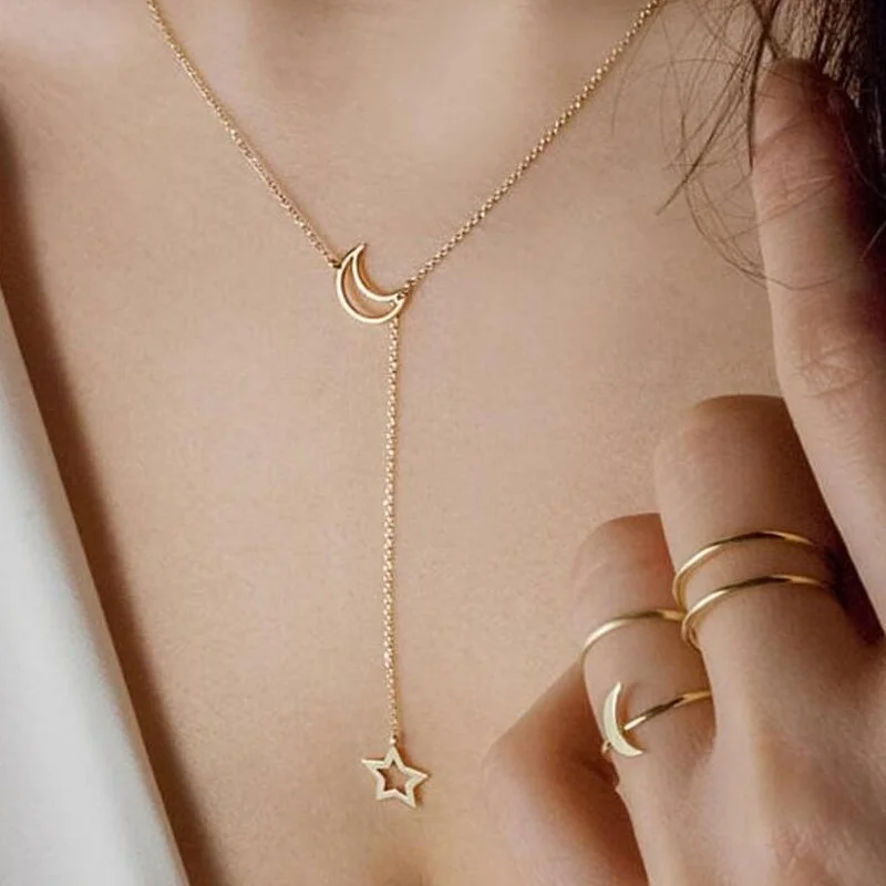 collares de moda 2022 mujer collares collar gargantilla mujer collares para mujer grandes modernos joyas bisutería mujer Collar con colgante de luna y estrella para mujer, colgante elegante, sencillo, regalo de Navidad